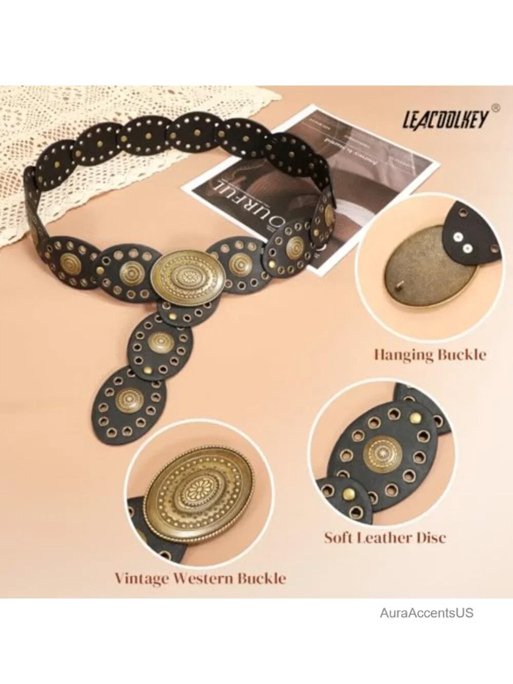 Faux Leather Hollow Western Disc Belt with Vintage Buckle